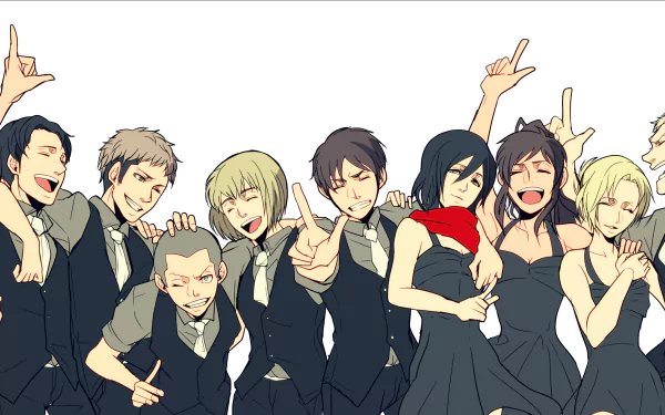 HD desktop wallpaper featuring Attack on Titan characters Ymir, Sasha, Reiner, Mikasa, Marco, Jean, Eren, Connie, Historia, Bertholdt, Armin, and Annie in elegant black attire.