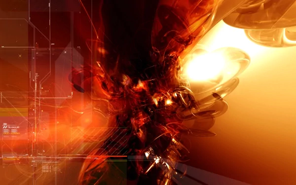 HD desktop wallpaper featuring an abstract design with intricate shapes, textures, and patterns. Dominated by vibrant red and warm tones, the image creates a dynamic and visually compelling background.