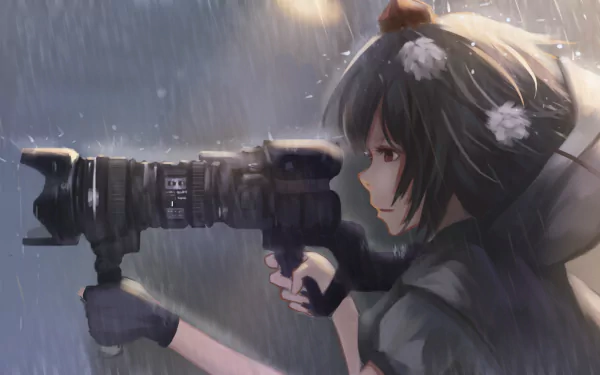 Aya Shameimaru, an anime character from Touhou, stands in the rain, holding a camera. This HD desktop wallpaper captures her dynamic pose and moody atmosphere.