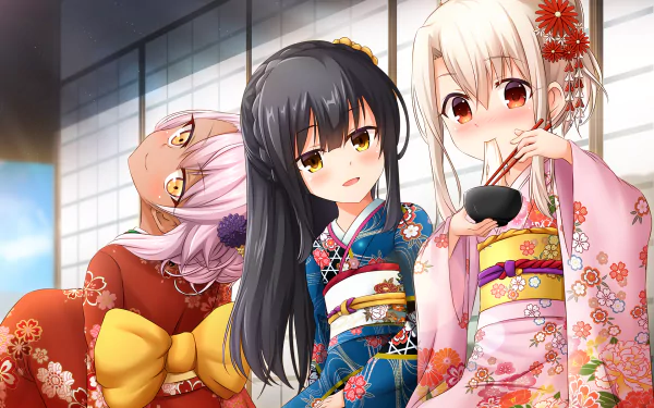HD desktop wallpaper of an anime scene from Fate/kaleid liner Prisma Illya, featuring three characters in colorful, floral kimonos, standing in front of a traditional shoji screen.