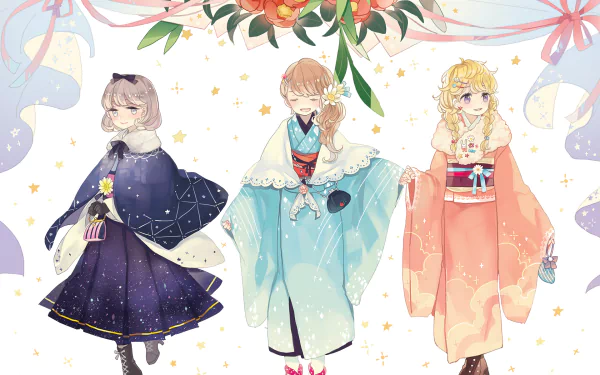 Anime original HD PC desktop wallpaper showing three anime-style characters in pastel kimonos and capes beneath a floral garland on a soft, starry background.
