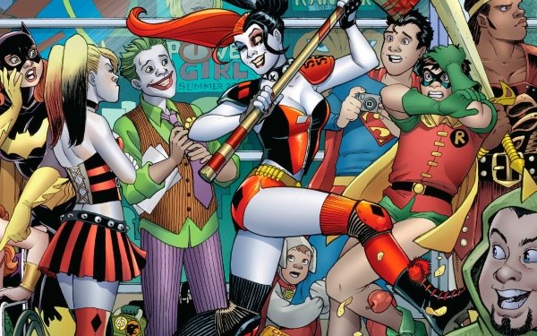 Comics Harley Quinn Robin Joker Batgirl Superboy DC Comics Shorts Thigh Highs Boots Skirt Belt Twintails Glove Bodysuit Smile HD Wallpaper | Background Image