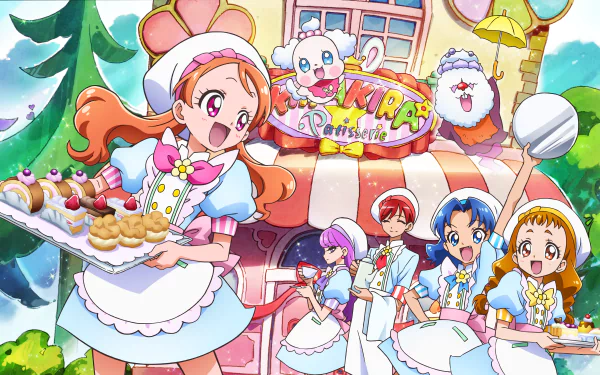 Anime Pretty Cure! team in maid outfits serving pastries outside a cheerful café, bright colorful scene — 4K Ultra HD PC desktop wallpaper and background.