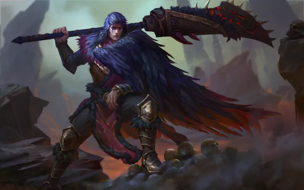4K Ultra HD PC wallpaper of Nomad, from the Heroes of Newerth video game: a blue‑haired nomadic warrior in a fur cloak wielding a massive spear‑like blade on rocky terrain.