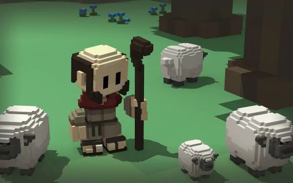 HD desktop wallpaper from Stonehearth featuring a voxel character with a staff surrounded by sheep in a stylized landscape.