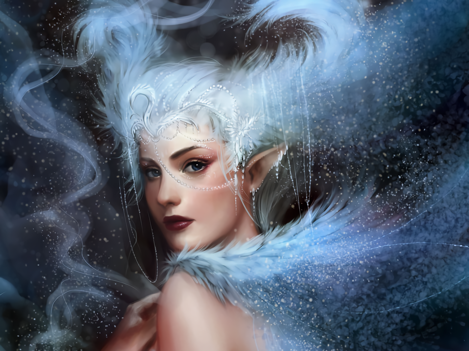 Download Pointed Ears Blue Eyes Blue Feather Fantasy Elf HD Wallpaper
