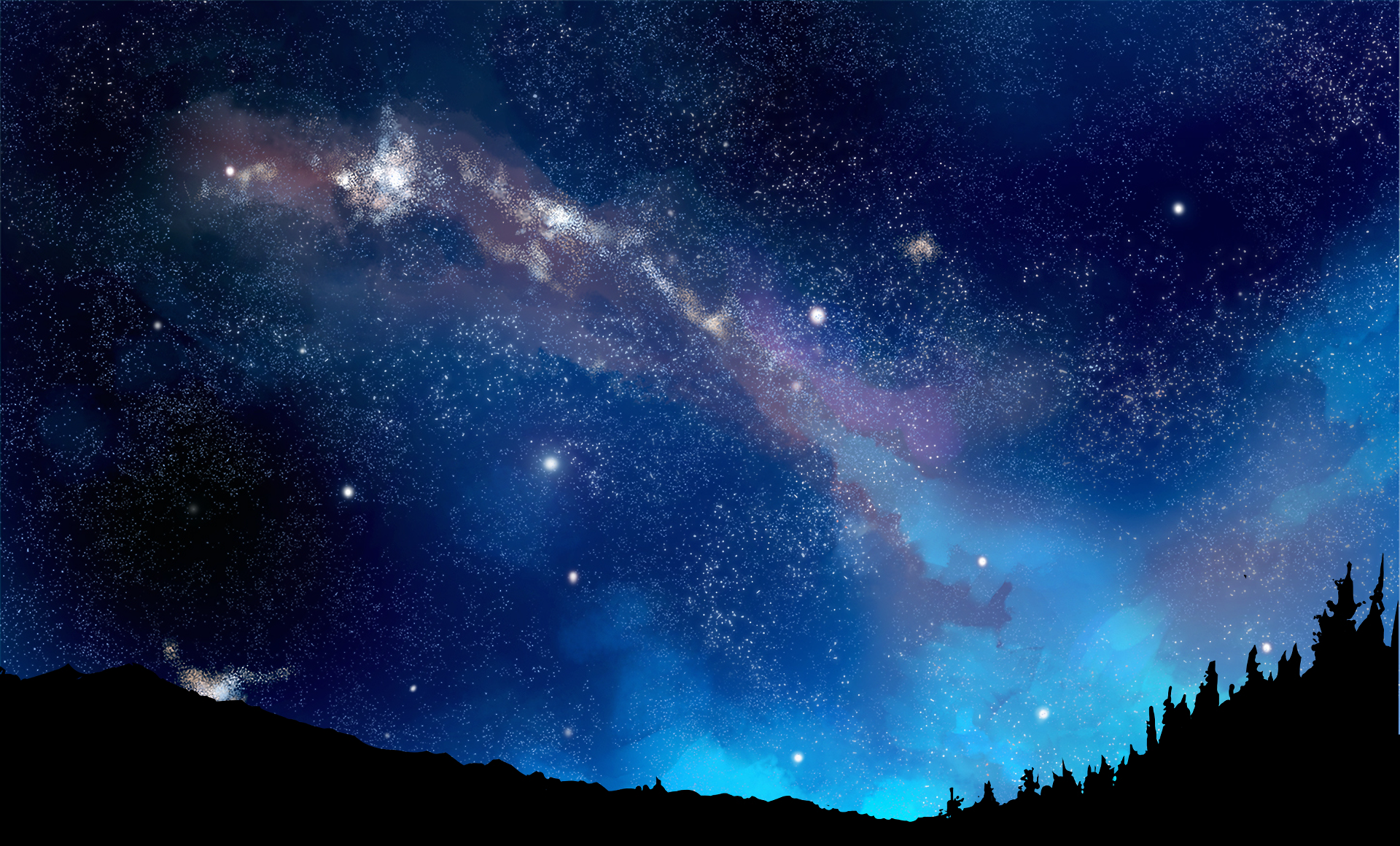 HD PC desktop wallpaper of an original anime-style night sky with a vibrant galaxy and silhouetted trees along the horizon.
