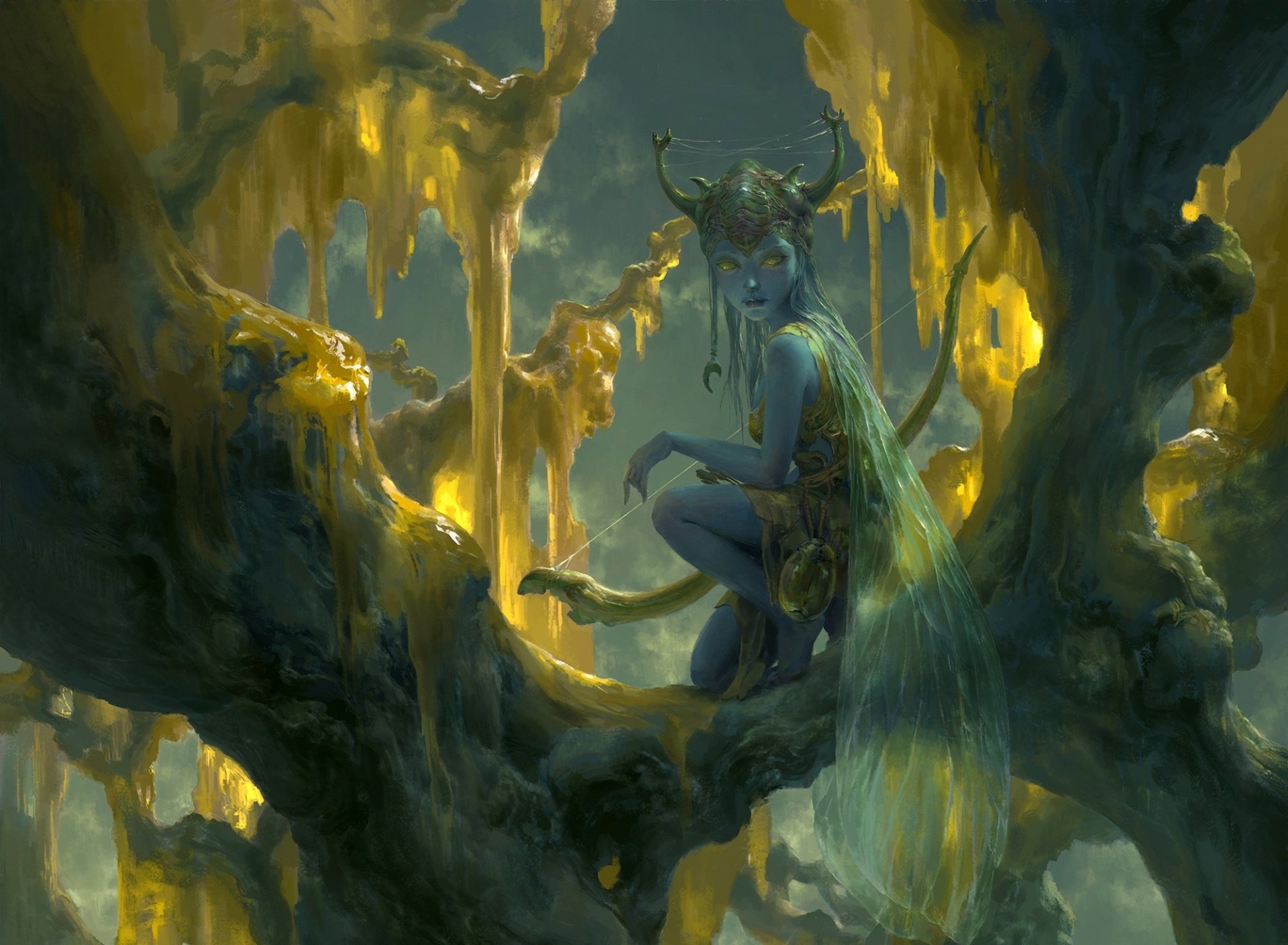 A fantasy fairy archer with horns and glowing yellow eyes crouches on a branch, surrounded by mystical golden light in this HD PC desktop wallpaper.