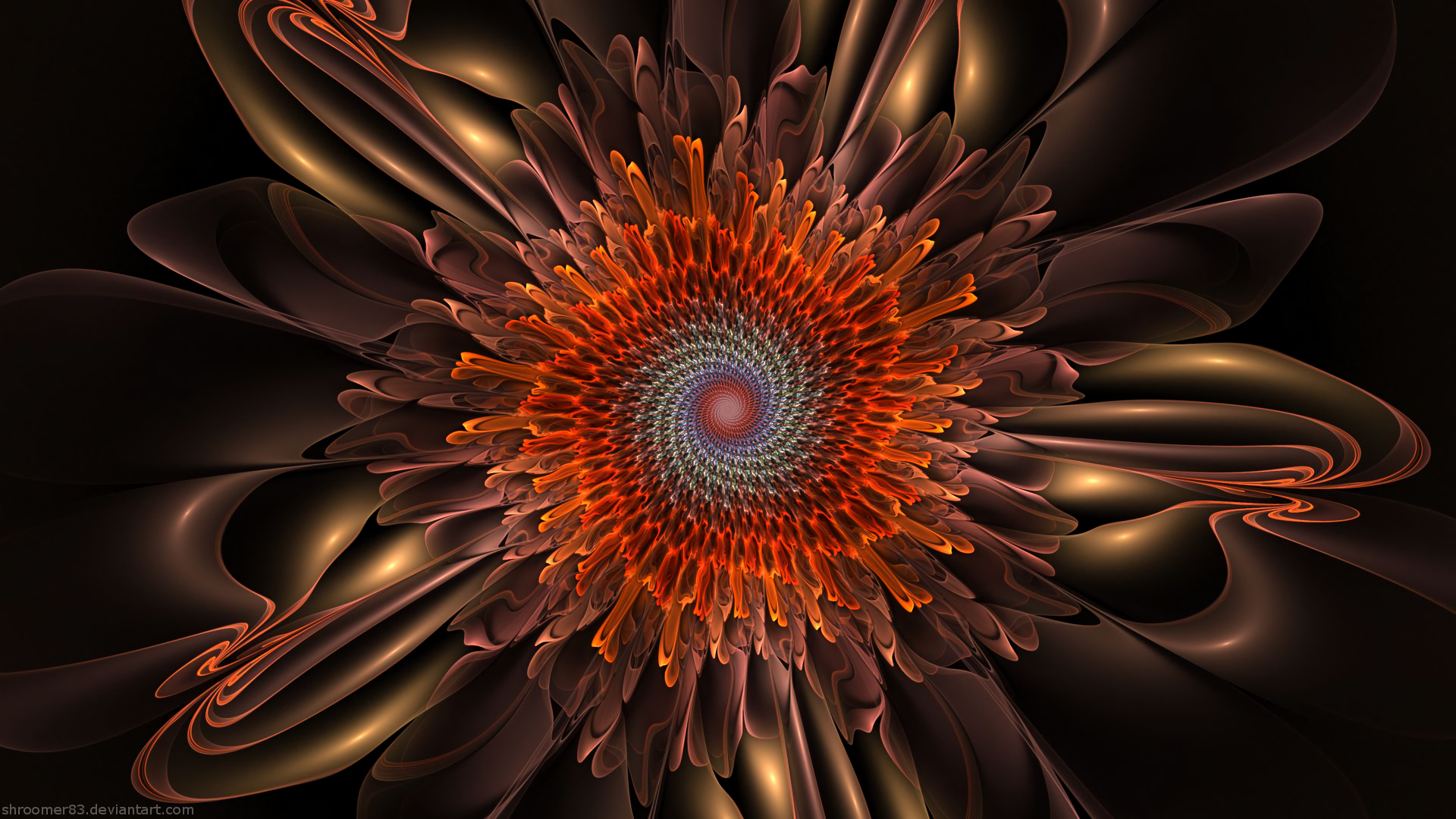 Abstract fractal flower in warm bronze and orange tones, spiral center and layered petals — HD PC desktop wallpaper background.