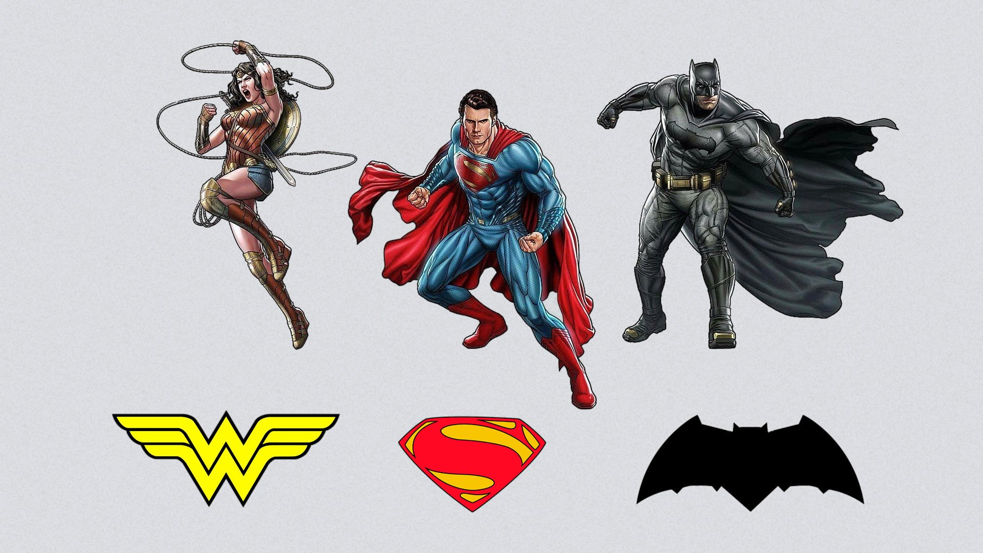 HD PC desktop wallpaper featuring Wonder Woman, Superman, and Batman from the movie Batman V Superman: Dawn Of Justice, accompanied by their iconic logos.