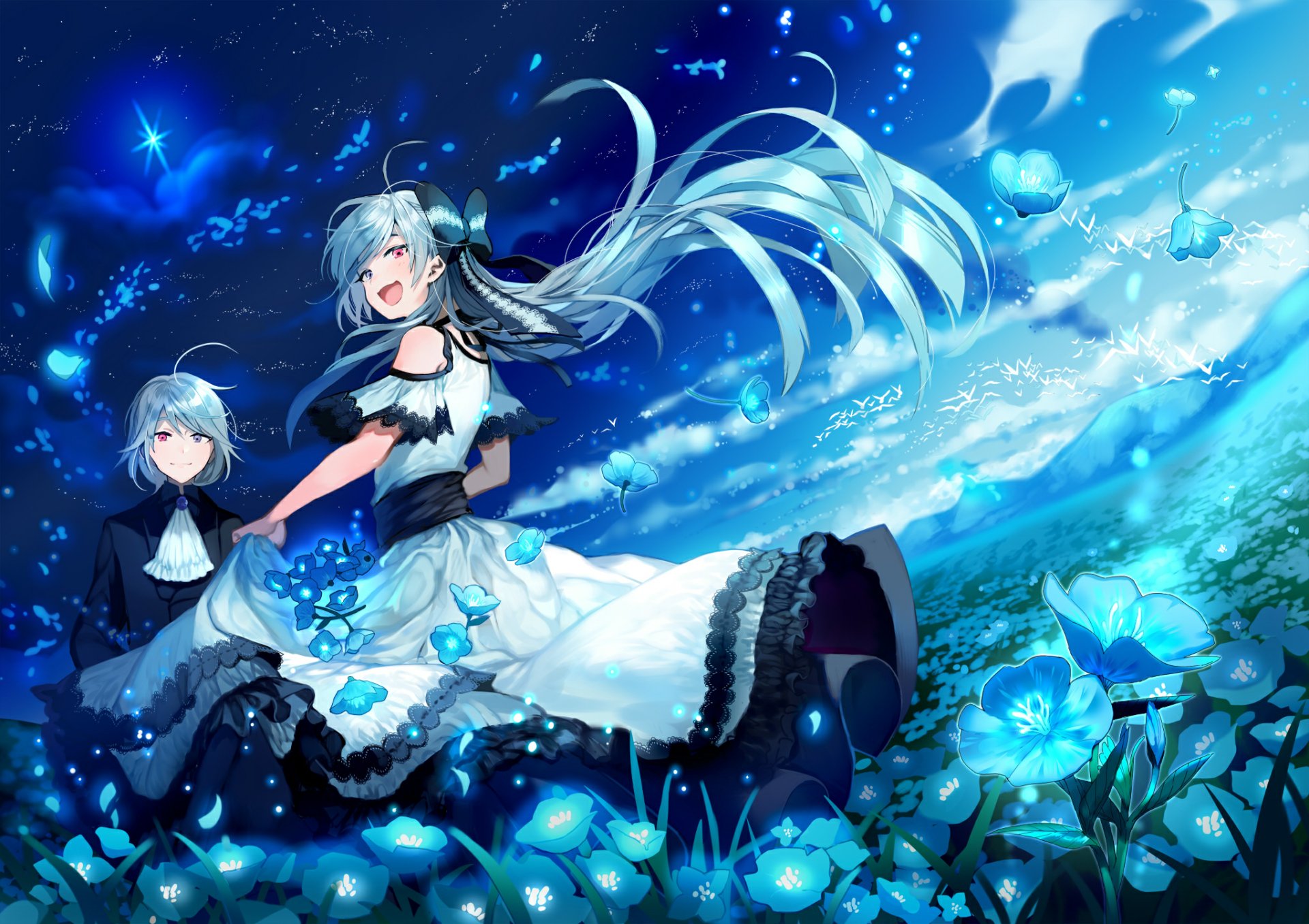 HD anime wallpaper featuring an original artwork of two characters with flowing silver hair in a vibrant, blue-toned fantasy setting surrounded by stars and glowing flowers.