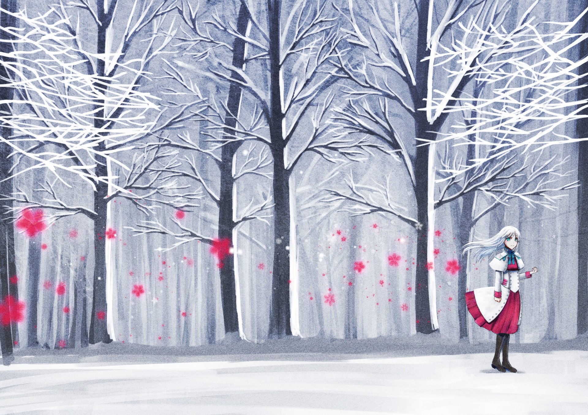 Anime-style HD PC desktop wallpaper depicting a serene snowy forest with bare trees and a lone anime character standing amidst gently falling red petals.