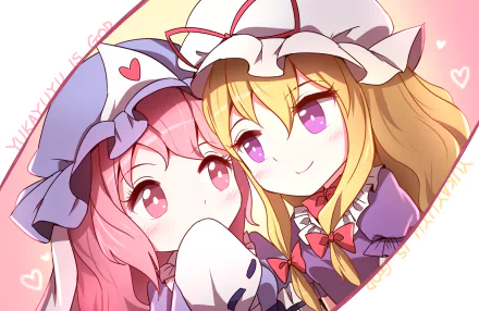 HD desktop wallpaper of anime characters Yuyuko Saigyouji and Yukari Yakumo from Touhou, featuring them in a close, affectionate pose with pastel-colored background and heart motifs.