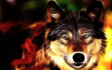 HD desktop wallpaper featuring an artistic, close-up portrayal of a wolf with vibrant, glowing fur and a vivid background. The wolf's eyes are prominently focused, creating a striking visual effect.