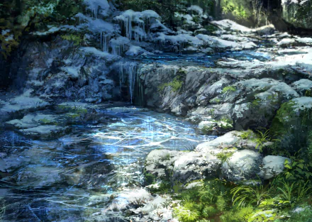 HD anime-style original desktop wallpaper depicting a serene snowy forest scene with icy rocks and a glowing magical symbol on a frozen pond.