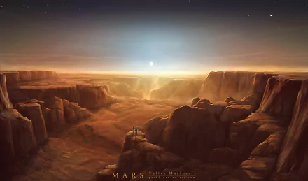 Artistic HD desktop wallpaper depicting a detailed Martian landscape with rugged cliffs, a hazy atmosphere, and a distant sun illuminating the terrain.