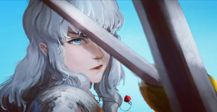 HD desktop wallpaper featuring Griffith from the anime Berserk, with a close-up of his intense gaze framed by two crossed swords against a clear blue sky.