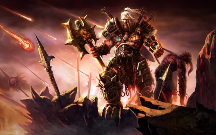 HD desktop wallpaper featuring a fierce Barbarian warrior from Diablo III in detailed armor, wielding a massive axe, standing on a rocky terrain with flaming meteors streaking across a dark, ominous sky.