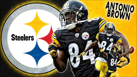 HD desktop wallpaper featuring Antonio Brown in a Steelers uniform with dynamic poses and team logo background.