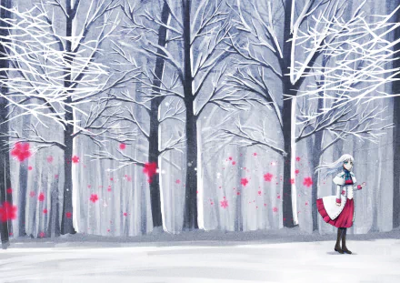 Anime-style HD PC desktop wallpaper depicting a serene snowy forest with bare trees and a lone anime character standing amidst gently falling red petals.