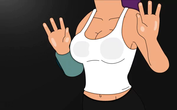 A vibrant HD wallpaper featuring an animated character from the TV show Futurama, showcasing a friendly pose with raised hands against a dark background.
