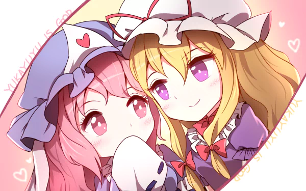 HD desktop wallpaper of anime characters Yuyuko Saigyouji and Yukari Yakumo from Touhou, featuring them in a close, affectionate pose with pastel-colored background and heart motifs.