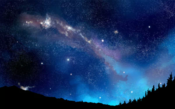 HD PC desktop wallpaper of an original anime-style night sky with a vibrant galaxy and silhouetted trees along the horizon.