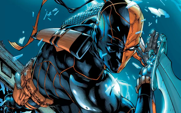 HD desktop wallpaper featuring Slade Wilson as Deathstroke from the comic series. The image showcases Deathstroke in dynamic action, with vivid colors and intricate detailing.