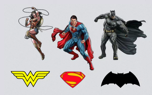 HD PC desktop wallpaper featuring Wonder Woman, Superman, and Batman from the movie Batman V Superman: Dawn Of Justice, accompanied by their iconic logos.