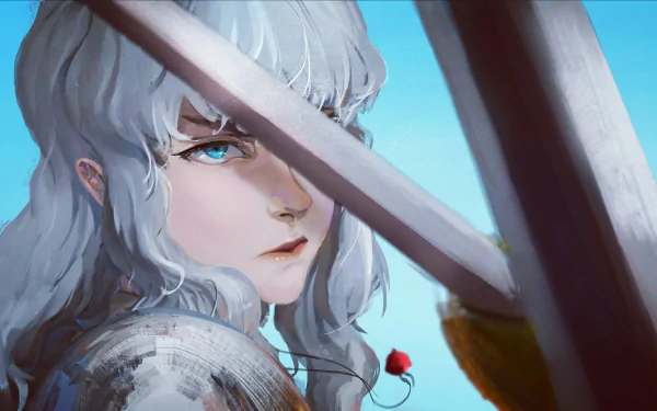 HD desktop wallpaper featuring Griffith from the anime Berserk, with a close-up of his intense gaze framed by two crossed swords against a clear blue sky.