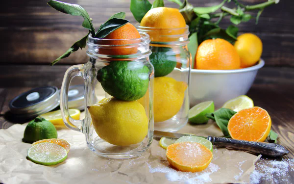 HD desktop wallpaper of a vibrant still life featuring fresh limes, lemons, and oranges arranged in glass jars and a bowl on a rustic wooden surface.
