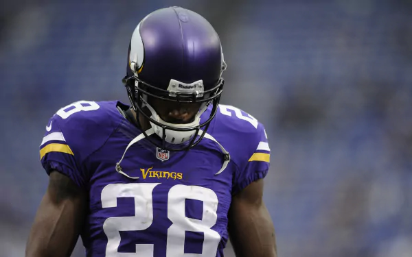 HD desktop wallpaper of Adrian Peterson in a purple Vikings uniform, helmet on, ready for action.