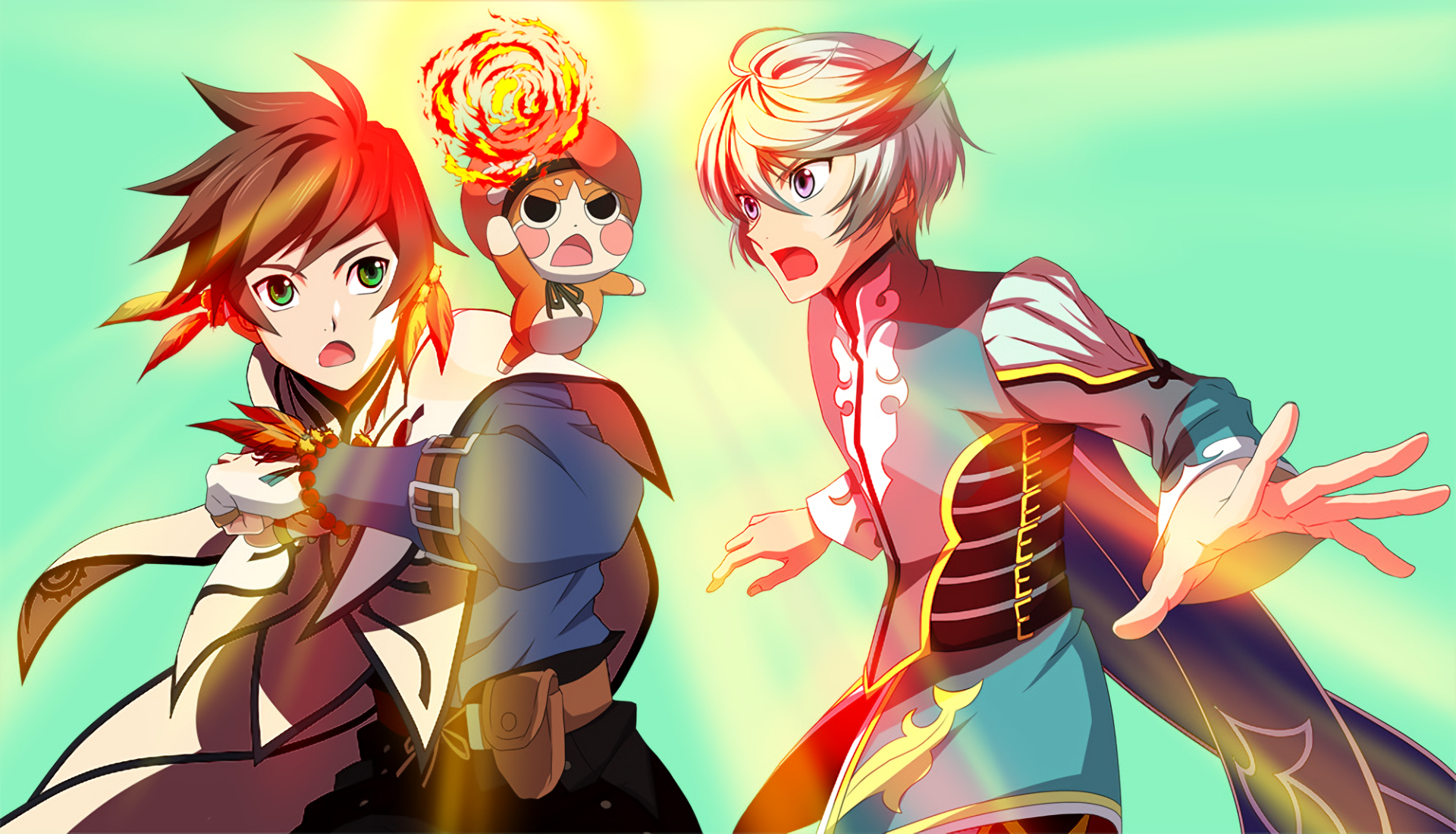 HD PC desktop wallpaper featuring vibrant anime characters from Tales of Zestiria the X, showcasing dynamic poses and bright, colorful backgrounds.