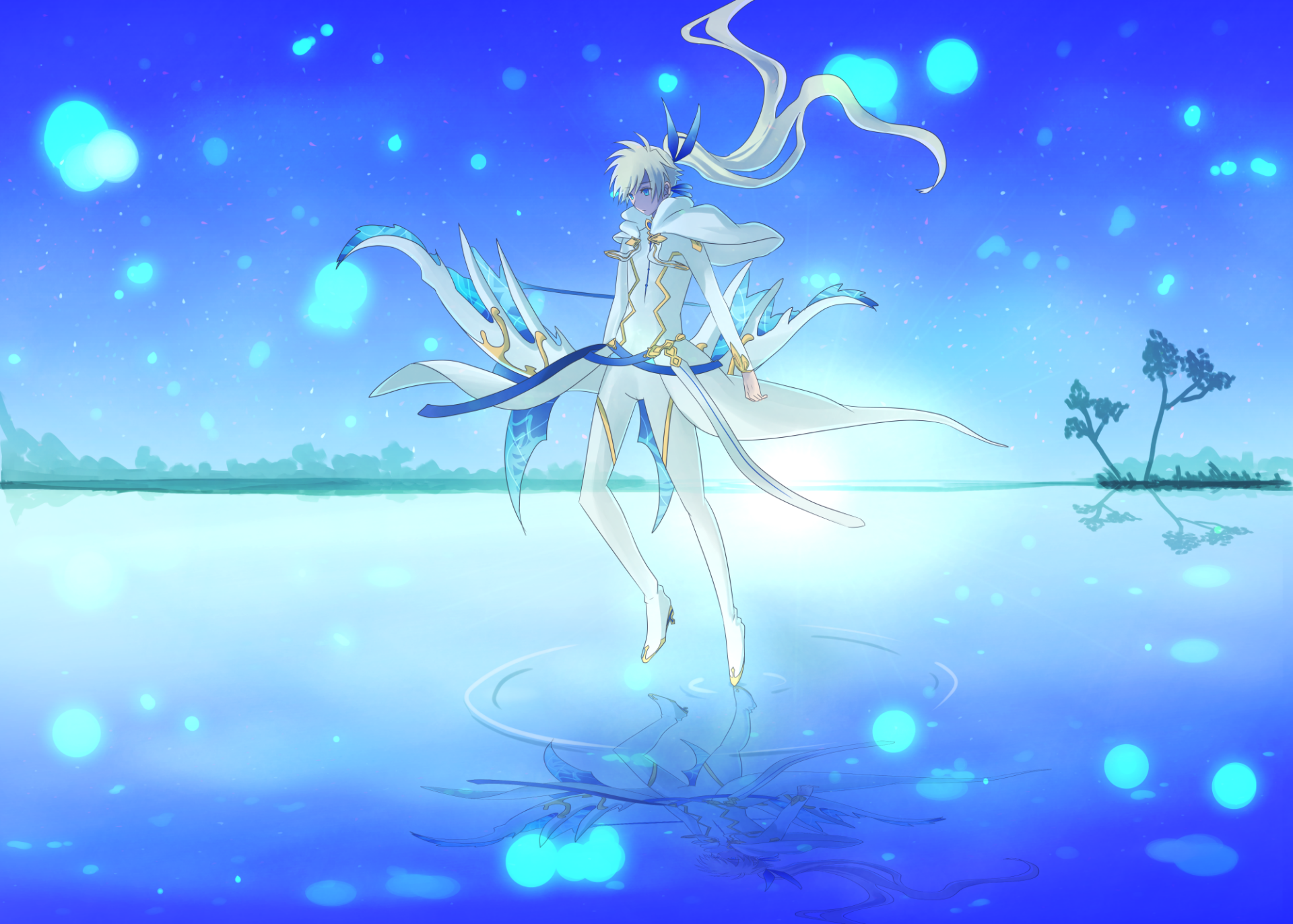 Anime HD PC desktop wallpaper/background — Tales of Zestiria the X: luminous white-clad figure hovering above a glassy blue lake, flowing ribbons and glowing particles reflected on the water.