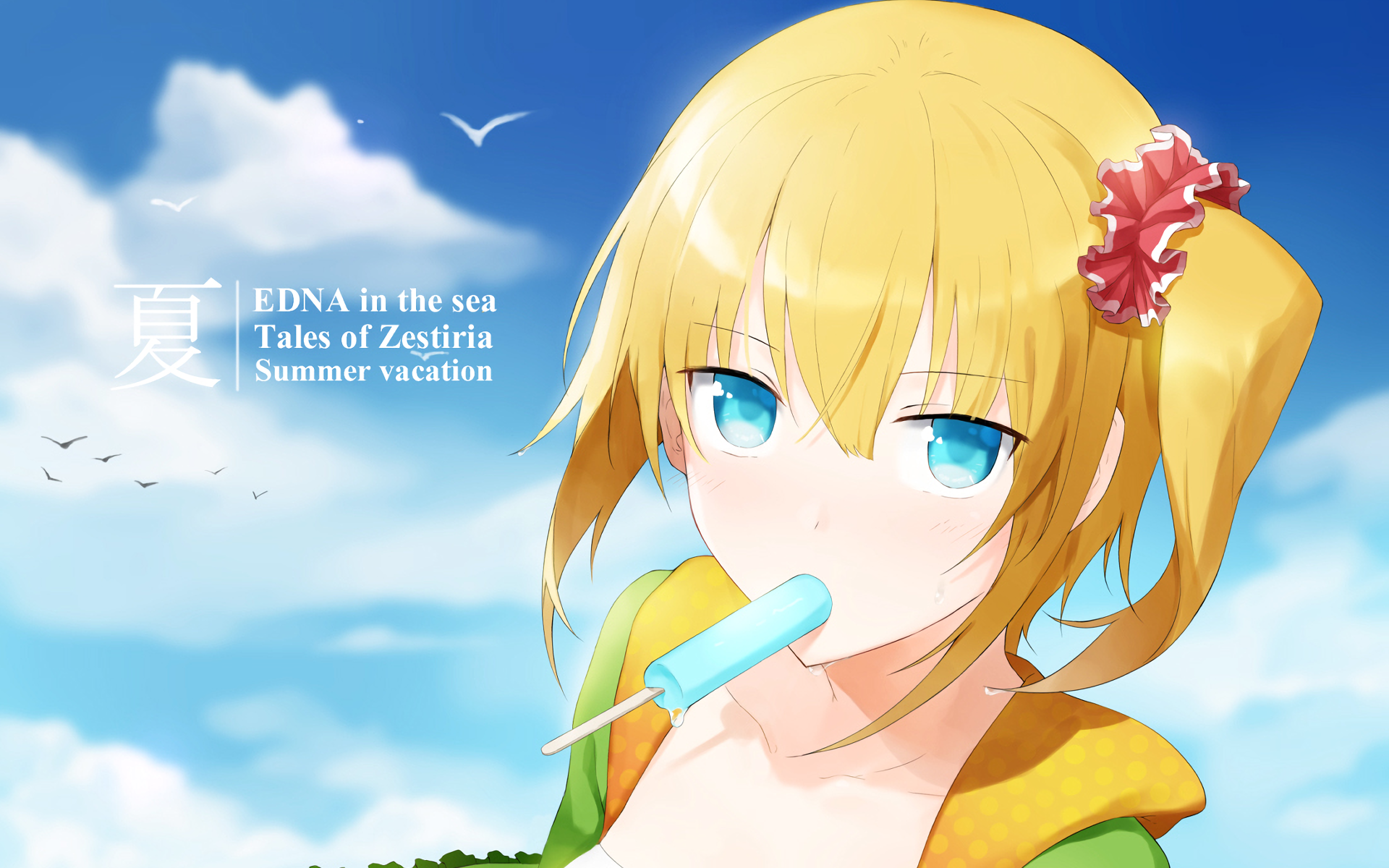 Anime HD PC desktop wallpaper/background from Tales of Zestiria the X: blonde girl with blue eyes eating a blue popsicle against a sunny seaside sky.