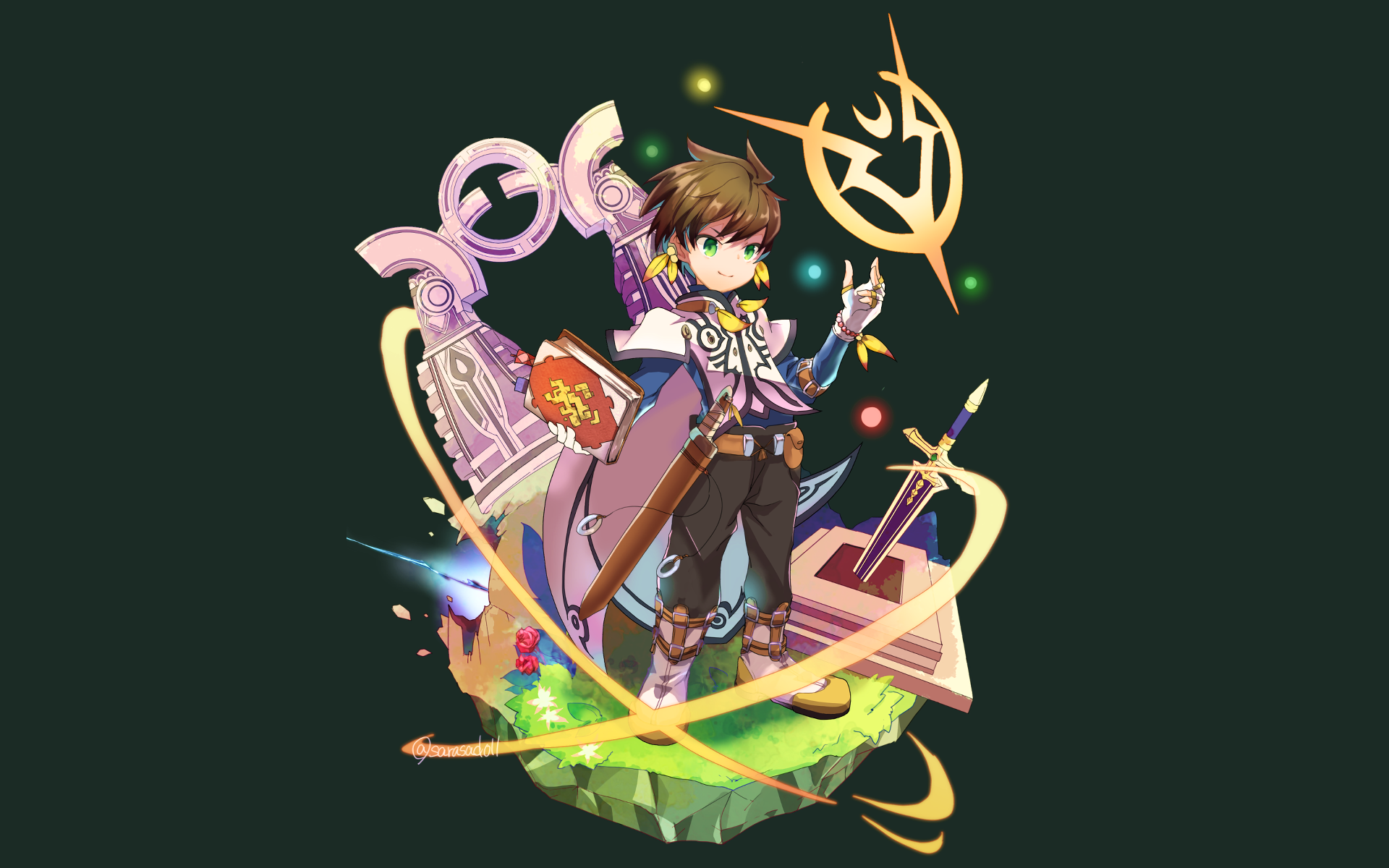 HD PC desktop wallpaper featuring an anime character from Tales of Zestiria the X, surrounded by magical symbols and vibrant energy effects.