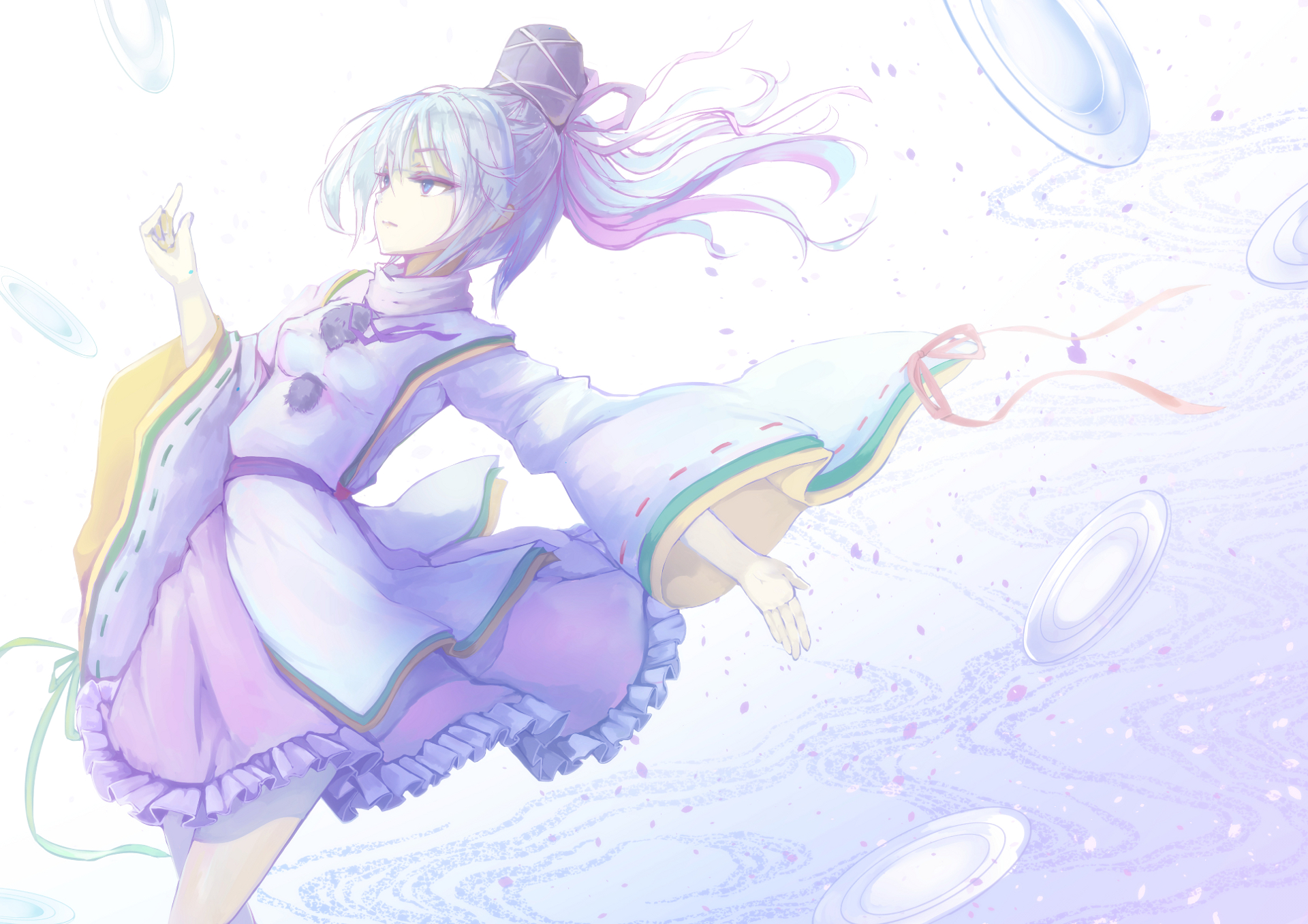 HD anime PC wallpaper featuring Mononobe No Futo from Touhou, depicted in flowing traditional attire with soft pastel colors and dynamic motion effects.