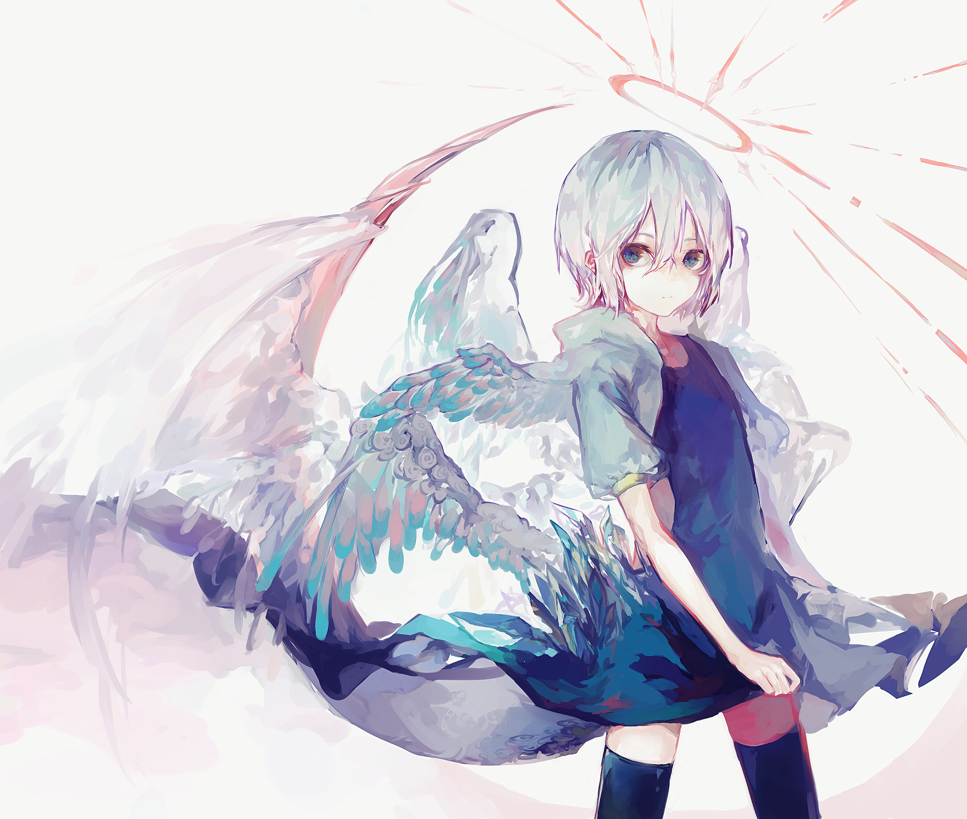HD anime desktop wallpaper featuring an ethereal angel with white hair and blue feathered wings, set against a soft, light-colored background.