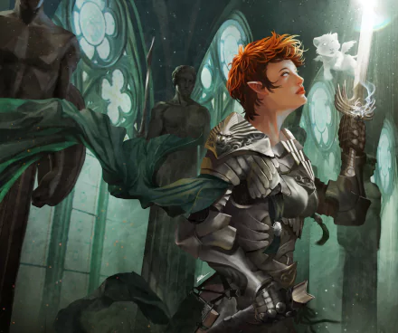 A fierce female elf warrior with short hair stands in intricately designed armor, holding a glowing sword amid a mystical, shadowy environment, evoking a fantasy atmosphere.