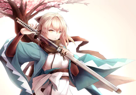 HD desktop wallpaper featuring Sakura Saber from Anime Fate/KOHA-ACE. The character is holding a sword in front of a cherry blossom tree, with a background of soft pastel hues.
