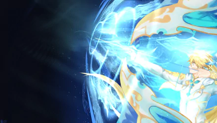 HD PC desktop wallpaper featuring an anime scene from Tales of Zestiria the X with a character unleashing a bright, magical energy blast against a dark background.