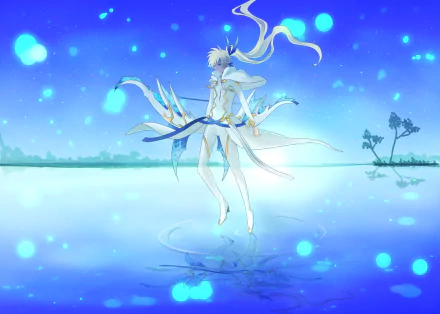 Anime HD PC desktop wallpaper/background — Tales of Zestiria the X: luminous white-clad figure hovering above a glassy blue lake, flowing ribbons and glowing particles reflected on the water.