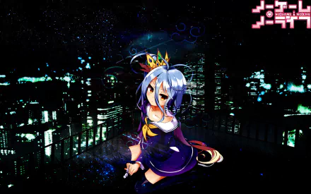HD desktop wallpaper featuring Shiro from the anime No Game No Life. Shiro is depicted with a cityscape backdrop, illuminated by a starry night sky, and the anime title in the top right corner.