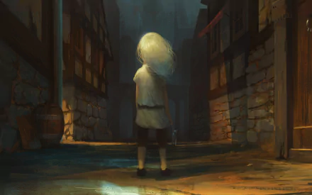Griffith from Berserk stands alone in a dimly lit medieval alley, captured in a detailed HD anime desktop wallpaper.