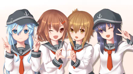 HD anime desktop wallpaper featuring Hibiki and Akatsuki from Kantai Collection, showcasing four characters in sailor-style school uniforms with cheerful expressions.