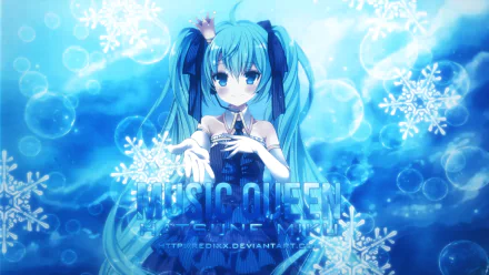 HD anime wallpaper featuring Hatsune Miku, the iconic Vocaloid, surrounded by glowing snowflakes in a vibrant blue winter-themed background.