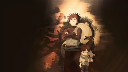 HD desktop wallpaper featuring Gaara from Naruto, showcasing an adult version alongside his younger self. The background displays intricate details and symbols, emphasizing the anime's artistic style.