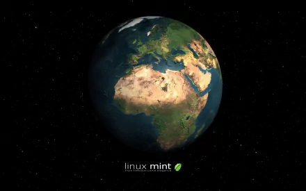 HD desktop wallpaper featuring a stunning view of Earth from space, with the Linux Mint logo and text at the bottom, highlighting technology and the Linux operating system.