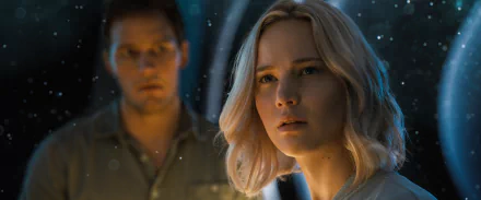 HD PC desktop wallpaper featuring Chris Pratt and Jennifer Lawrence from the movie Passengers, showcasing a dramatic scene from the sci-fi film.