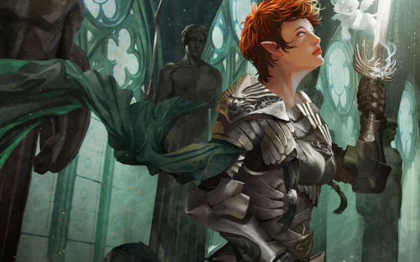 A fierce female elf warrior with short hair stands in intricately designed armor, holding a glowing sword amid a mystical, shadowy environment, evoking a fantasy atmosphere.